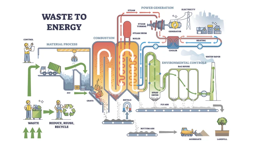Waste to Energy process diagram showing material flow from waste collection to power generation and bottom ash treatment